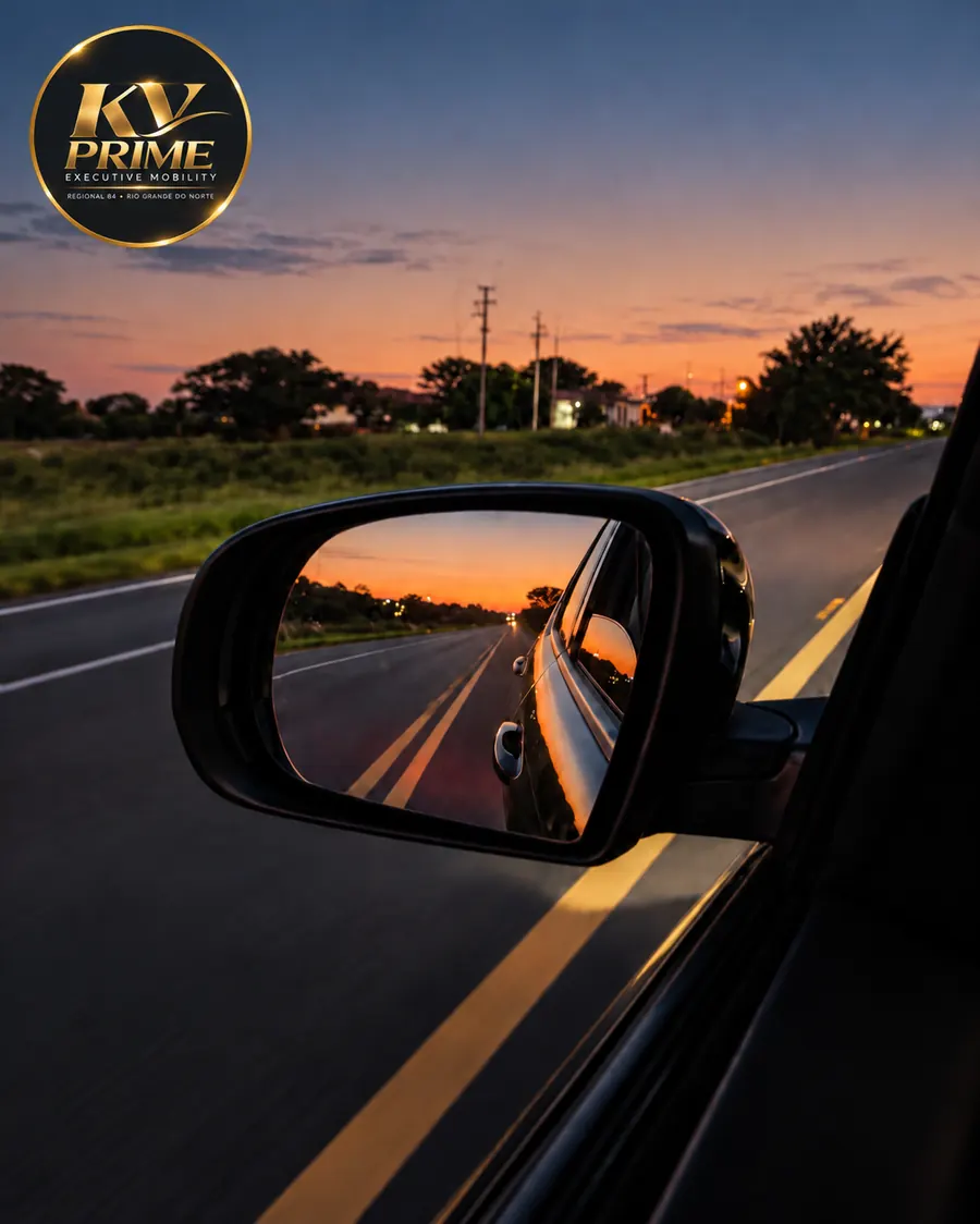 Estrada ao pôr do sol vista pelo retrovisor — a rota começa com a KV PRIME